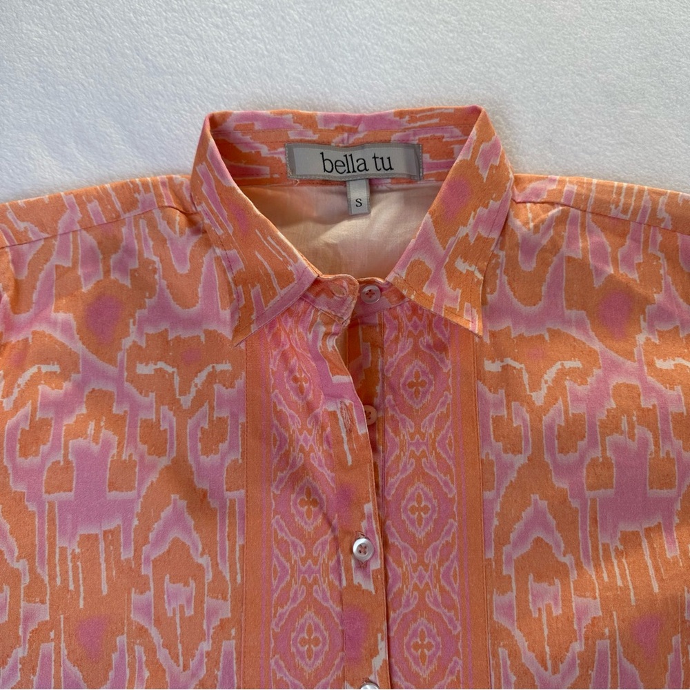 Bella Tu Dress Collar V Neck 3/4 Sleeve Vibrant Orange & Pink Women’s Size S - Picture 7 of 10